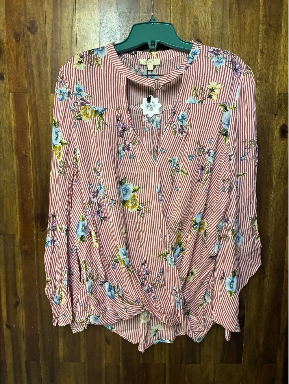 ODDI Women’s Large Red Stripe Floral Blouse Cutout Choker Boho Cottagecore Top